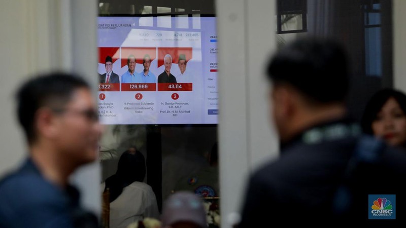 Suasana Posko Pemenangan Ganjar-Mahfud di Jalan Teuku Umar No.9, Menteng, Jakarta Pusat. Terlihat sejumlah pendukung memantau hasil hitung cepat atau quick count bersama. (վ/Muhammad Sabki)