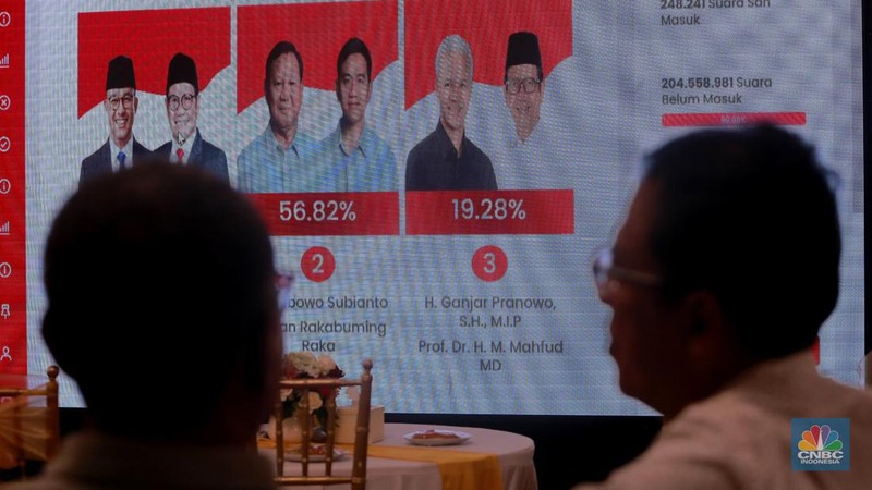 Suasana Posko Pemenangan Ganjar-Mahfud di Jalan Teuku Umar No.9, Menteng, Jakarta Pusat. Terlihat sejumlah pendukung memantau hasil hitung cepat atau quick count bersama. (վ/Muhammad Sabki)