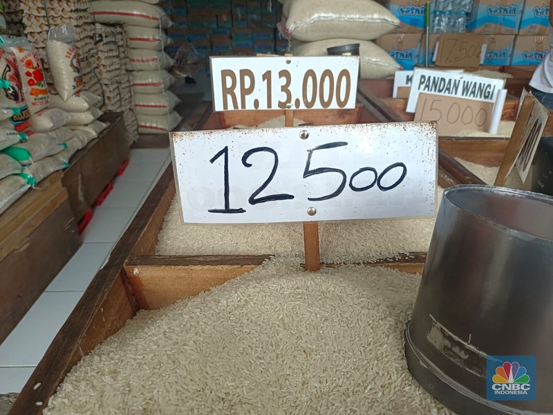 Warga melihat beras kemasan kualitas premium yang dijual pada salah satu gerai Hypermart di Jakarta, Senin (12/4/2024). (CNBC Indonesia/Faisal Rahman)