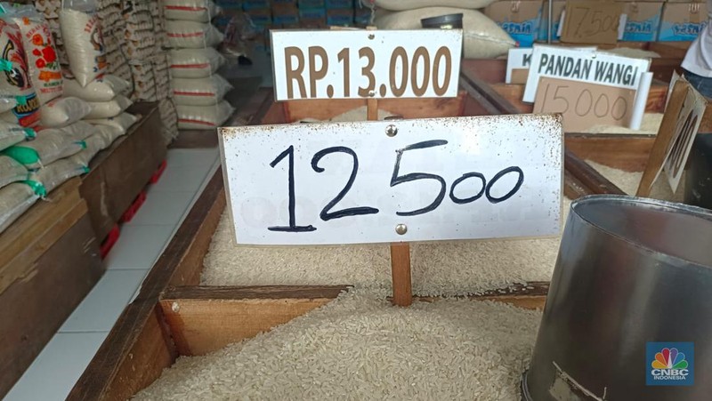 Warga melihat beras kemasan kualitas premium yang dijual pada salah satu gerai Hypermart di Jakarta, Senin (12/4/2024). (CNBC Indonesia/Faisal Rahman)