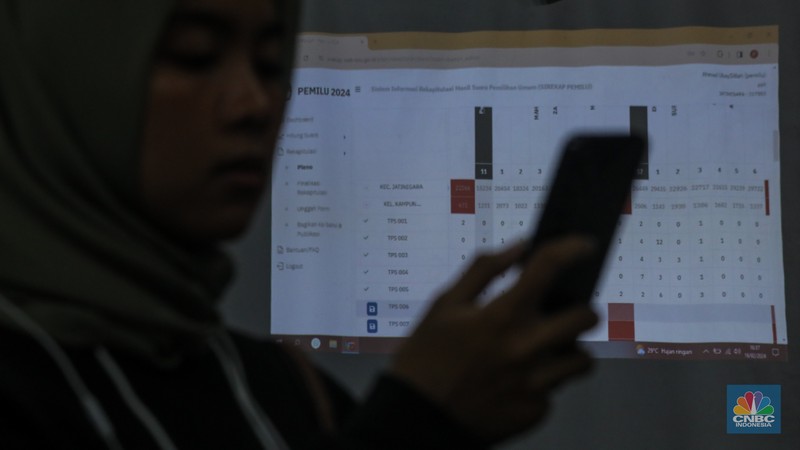 Petugas Panitia Pemilihan Kecamatan (PPK) Jatinegara bersama pihak terkait melakukan rekapitulasi suara Pemilu 2024 tingkat Kecamatan di Gelanggang Olahraga Remaja (GOR) Otista, Jakarta, Jumat (16/2/2024). Petugas Panitia Pemilihan Kecamatan (PPK) Jatinegara bersama pihak terkait melakukan rekapitulasi suara Pemilu 2024 tingkat Kecamatan di Gelanggang Olahraga Remaja (GOR) Otista, Jakarta, Jumat (16/2/2024). (CNBC Indonesia/Faisal Rahman)