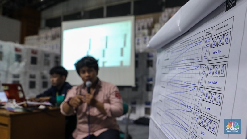 Petugas Panitia Pemilihan Kecamatan (PPK) Jatinegara bersama pihak terkait melakukan rekapitulasi suara Pemilu 2024 tingkat Kecamatan di Gelanggang Olahraga Remaja (GOR) Otista, Jakarta, Jumat (16/2/2024). Petugas Panitia Pemilihan Kecamatan (PPK) Jatinegara bersama pihak terkait melakukan rekapitulasi suara Pemilu 2024 tingkat Kecamatan di Gelanggang Olahraga Remaja (GOR) Otista, Jakarta, Jumat (16/2/2024). (CNBC Indonesia/Faisal Rahman)