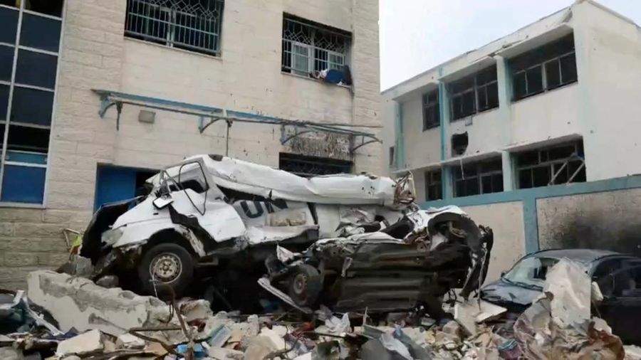 A view of the damaged exterior of a UNRWA health centre, amid the ongoing conflict between Israel and the Palestinian Islamist group Hamas, in Gaza, in this still image taken from video released February 15, 2024.     UNRWA/Handout via REUTERS    THIS IMAGE HAS BEEN SUPPLIED BY A THIRD PARTY. NO RESALES. NO ARCHIVES. MANDATORY CREDIT