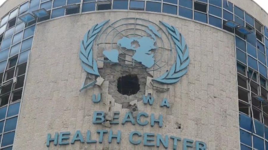 A view of the damaged exterior of a UNRWA health centre, amid the ongoing conflict between Israel and the Palestinian Islamist group Hamas, in Gaza, in this still image taken from video released February 15, 2024.     UNRWA/Handout via REUTERS    THIS IMAGE HAS BEEN SUPPLIED BY A THIRD PARTY. NO RESALES. NO ARCHIVES. MANDATORY CREDIT