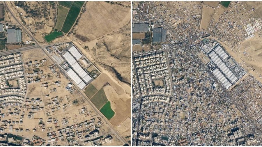 Pengungsi Palestina, yang meninggalkan rumah mereka karena serangan Israel, di tengah konflik yang sedang berlangsung antara Israel dan kelompok Islam Palestina Hamas, duduk di luar tenda di perbatasan dengan Mesir, di tengah kekhawatiran akan serangan darat Israel di Rafah, di Jalur Gaza selatan 18 Februari 2024. REUTERS/Saleh Salem
