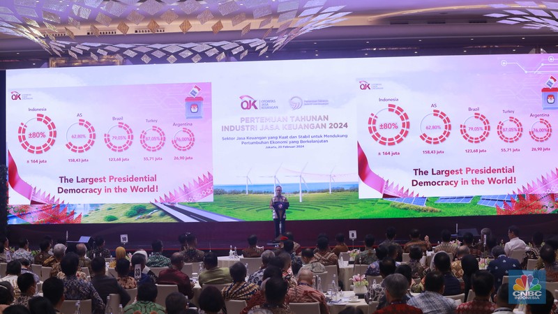 Ketua Dewan Komisioner Otoritas Jasa Keuangan Mahendra Siregar memberi sambutan di acara Pertemuan Tahunan Industri Jasa Keuangan 2024 di Hotel St Regis, Jakarta, Selasa, (20/2/2024). (CNBC Indonesia/Muhammad Sabki) Ketua Dewan Komisioner Otoritas Jasa Keuangan Mahendra Siregar memberi sambutan di acara Pertemuan Tahunan Industri Jasa Keuangan 2024 di Hotel St Regis, Jakarta, Selasa, (20/2/2024). (CNBC Indonesia/Muhammad Sabki)
