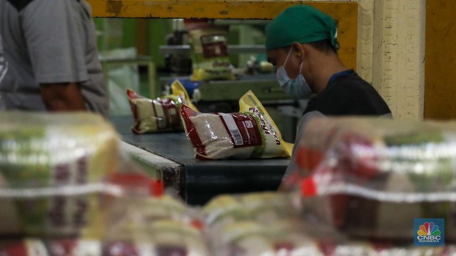 Pekerja memeriksa beras kemasan kualitas premium di Gudang RPC PT Food Station Tjipinang, Jakarta, Rabu (21/2/2024). PT Food Station Tjipinang mulai melakukan distribusi 15 juta kilogram (kg) atau 15.000 ton beras premium untuk toko ritel modern se-Jabodetabek. (CNBC Indonesia/Faisal Rahman)