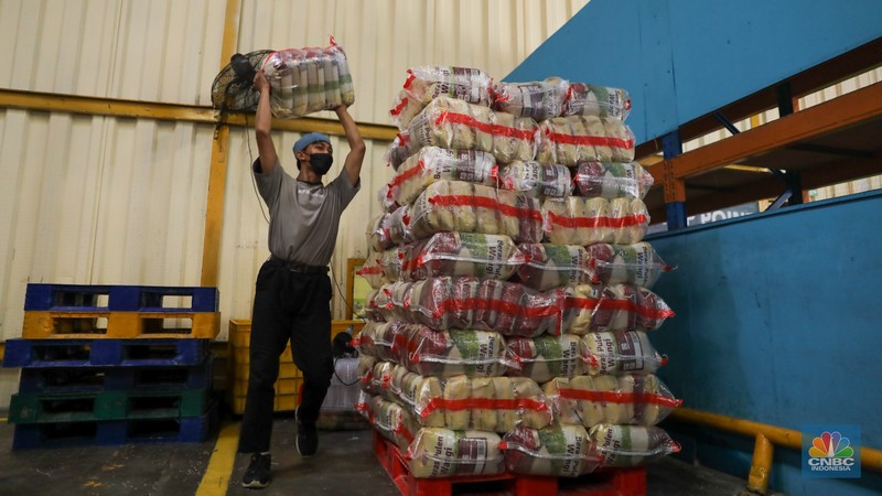 Pekerja memeriksa beras kemasan kualitas premium di Gudang RPC PT Food Station Tjipinang, Jakarta, Rabu (21/2/2024). PT Food Station Tjipinang mulai melakukan distribusi 15 juta kilogram (kg) atau 15.000 ton beras premium untuk toko ritel modern se-Jabodetabek. (CNBC Indonesia/Faisal Rahman)