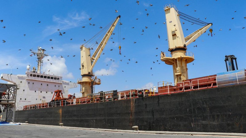 Kapal kargo curah berbendera Yunani Sea Champion berlabuh di pelabuhan Aden, Yaman, tempat kapal itu tiba setelah diserang di Laut Merah dalam serangan rudal yang tampaknya keliru oleh milisi Houthi, 21 Februari 2024. (REUTERS/Fawaz Salman)