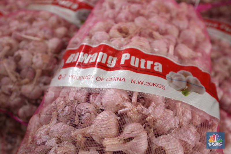 Bawang putih impor dari China di Pasar Kramat Jati, Jakarta Timur, Selasa (27/2/2024). (CNBC Indonesia/Tri Susilo)