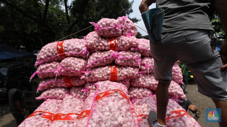 Bawang putih impor dari China di Pasar Kramat Jati, Jakarta Timur, Selasa (27/2/2024). (²©²ÊÍøÕ¾/Tri Susilo)