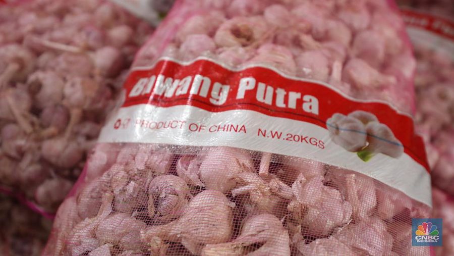 Bawang putih impor dari China di Pasar Kramat Jati, Jakarta Timur, Selasa (27/2/2024). (վ/Tri Susilo)