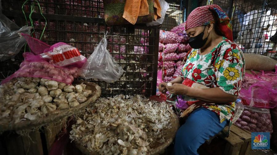 Bawang putih impor dari China di Pasar Kramat Jati, Jakarta Timur, Selasa (27/2/2024). (CNBC Indonesia/Tri Susilo)