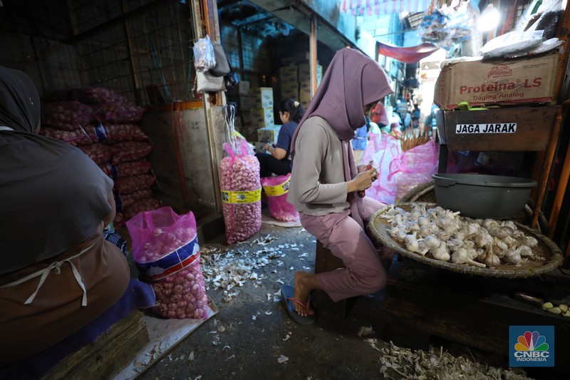 Bawang putih impor dari China di Pasar Kramat Jati, Jakarta Timur, Selasa (27/2/2024). (CNBC Indonesia/Tri Susilo)