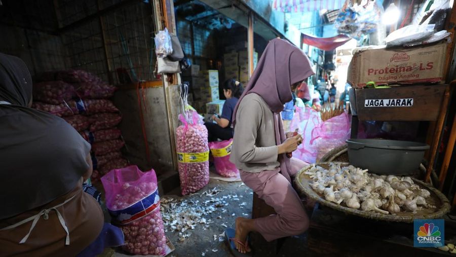 Bawang putih impor dari China di Pasar Kramat Jati, Jakarta Timur, Selasa (27/2/2024). (CNBC Indonesia/Tri Susilo)