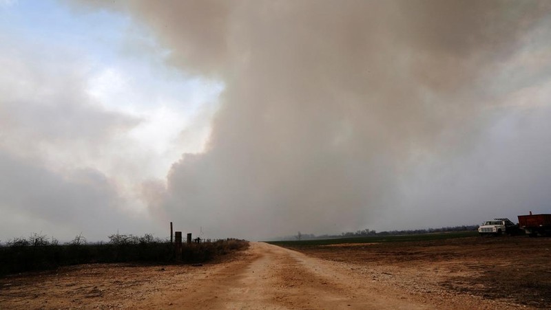 Kebakaran hutan yang memicu evakuasi terjadi di utara Shattuck, Oklahoma, AS, 27 Februari 2024. (REUTERS/Nick Oxford)