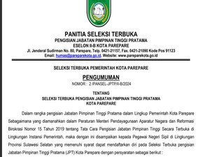 Pemkot Parepare Buka Seleksi Terbuka Jabatan Inspektur dan Kadis Sosial