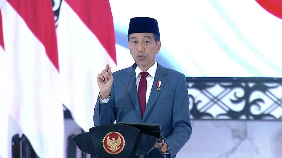 Presiden Joko Widodo saat memberikan sambutan dalam Rapat Pimpinan TNI-POLRI pada Rabu, (28/2/2024). (Tangkapan Layar Youtube Kemnhan RI)