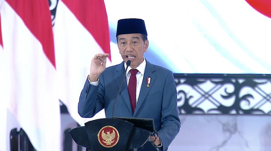 Presiden Joko Widodo saat memberikan sambutan dalam Rapat Pimpinan TNI-POLRI pada Rabu, (28/2/2024). (Tangkapan Layar Youtube Kemnhan RI)