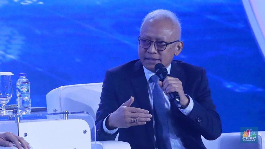 Direktur Eksekutif Surveilans, Pemeriksaan, dan Statistik LPS, Priyanto Budi Nugroho memberikan pemaparan dalam acara CNBC Indonesia Economic Outlook 2024 di Jakarta, Kamis (29/2/2024). (CNBC Indonesia/Muhammad Sabki)