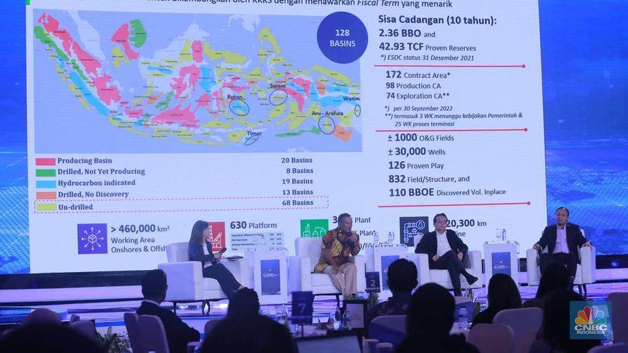 Staf Khusus Menteri ESDM Bidang Strategi Percepatan Penerapan Energi Transisi dan Pengembvangan Infrastruktur Energi, Dr. Ir. Ego Syahrial, M.SC memberikan pemaparan dalam acara CNBC Indonesia Economic Outlook 2024 di Jakarta, Kamis (29/2/2024). (CNBC Indonesia/Muhammad Sabki)