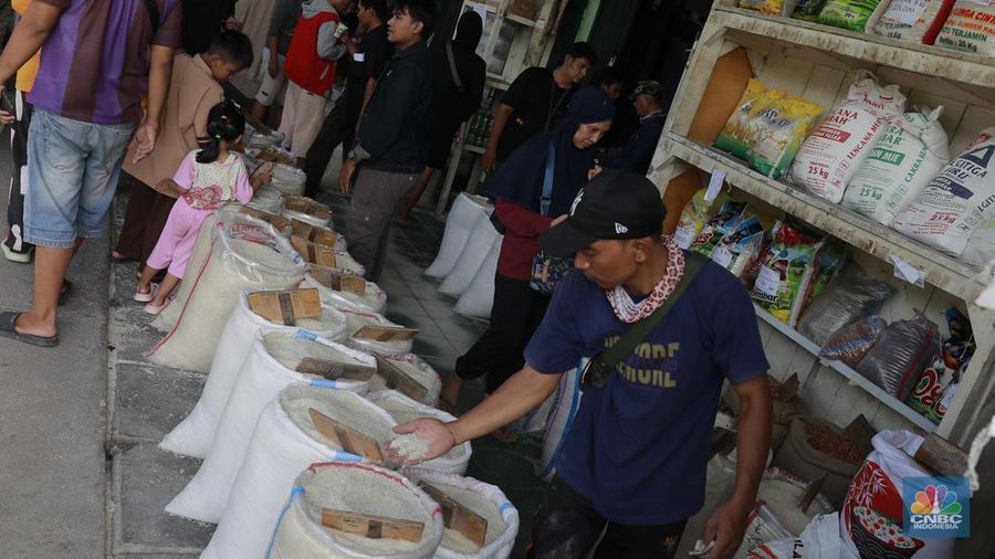 Suasana aktifitas salah satu toko beras di Pasar Induk Beras, Cipinang, Jakarta, Jumat, (1/3/2024). (CNBC Indonesia/Muhammad Sabki)