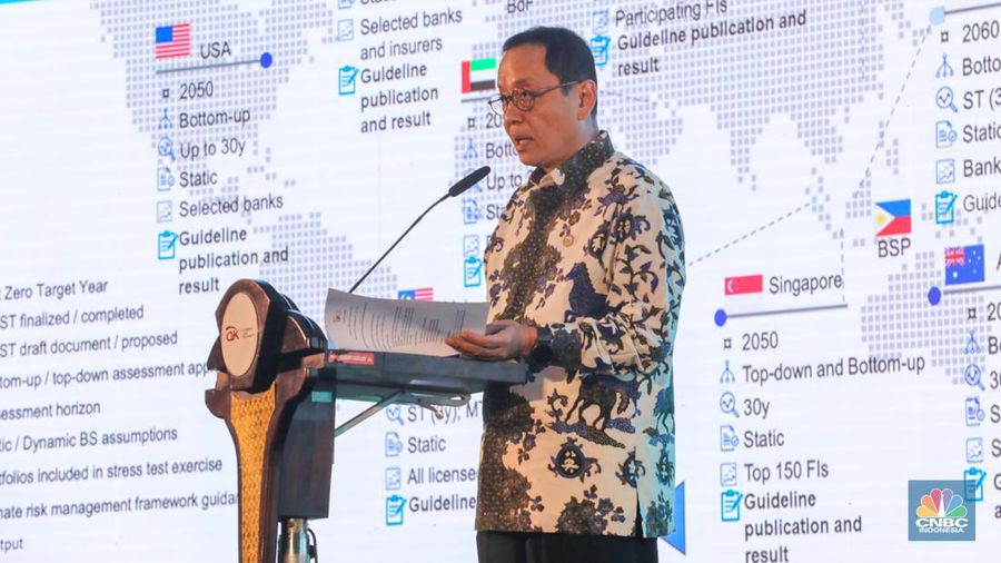Otoritas Jasa Keuangan (OJK) meluncurkan panduan climate risk management & scenario analysis (CRMS) untuk sektor perbankan 'Indonesia Banking Road to Net Zero Emission' di Jakarta, Senin (4/3/2024). (CNBC Indonesia/Faisal Rahman)