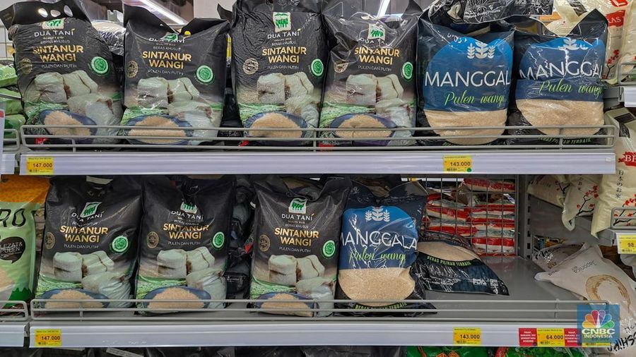 Pengunjung melihat poduk beras kemasan saat berbelanja pada salah satu gerai Lotte Mart di Jakarta, Senin (4/2/2024). (CNBC Indonesia/Faisal Rahman)