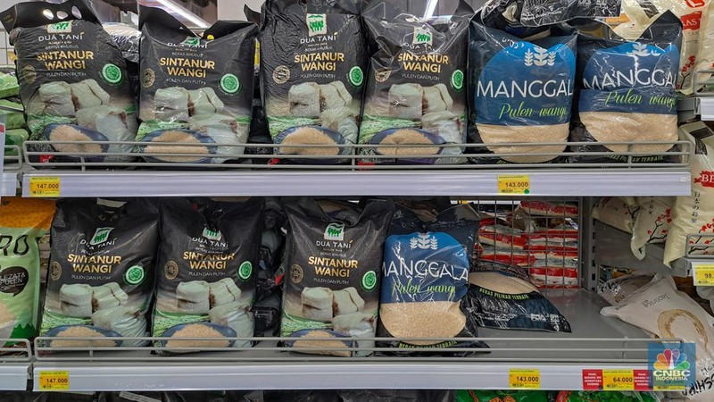 Pengunjung melihat poduk beras kemasan saat berbelanja pada salah satu gerai Lotte Mart di Jakarta, Senin (4/2/2024). (CNBC Indonesia/Faisal Rahman)