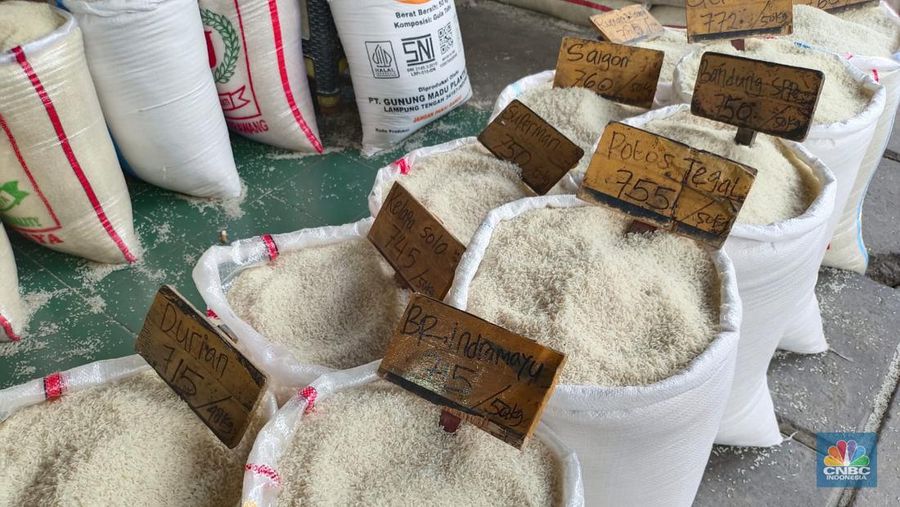 Beras Medium dan Premium di Pasar Induk Cipinang. (CNBC Indonesia/Martyasari Rizky)