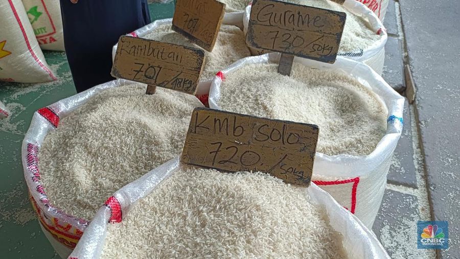 Beras Medium dan Premium di Pasar Induk Cipinang. (CNBC Indonesia/Martyasari Rizky)