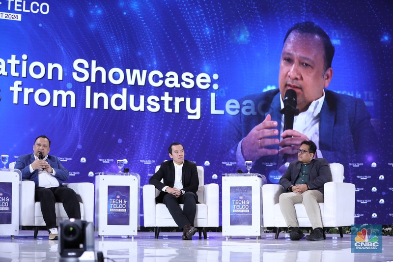 Menteri Komunikasi & Informatika RI Budi Arie Setiadi menjadi pembicara kunci di acara Tech & Telco Summit 2024 di Auditorium Menara Bank Mega, Jakarta, Selasa 5/3. (CNBC Indonesia/Tri Susilo)
