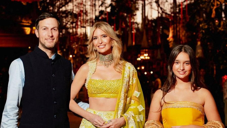 Ivanka Trump, her husband Jared Kushner and their daughter Arabella pose during the pre-wedding celebrations of Anant Ambani, son of Mukesh Ambani and Radhika Merchant, daughter of industrialist Viren Merchant, in Jamnagar, Gujarat, India, March 3, 2024. Reliance Industries/Handout via REUTERS THIS IMAGE HAS BEEN SUPPLIED BY A THIRD PARTY. NO RESALES. NO ARCHIVES.