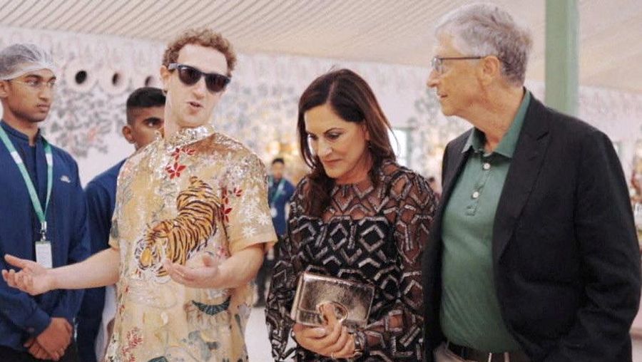 INDIA-AMBANI/MARRIAGE Meta CEO Mark Zuckerberg speaks with Bill Gates and Paula Hurd during pre-wedding celebrations of Anant Ambani, son of Mukesh Ambani, the Chairman of Reliance Industries, and Radhika Merchant, daughter of industrialist Viren Merchant, in Jamnagar, Gujarat, India, March 2, 2024. Reliance Industries/Handout via REUTERS THIS IMAGE HAS BEEN SUPPLIED BY A THIRD PARTY. NO RESALES. NO ARCHIVES.