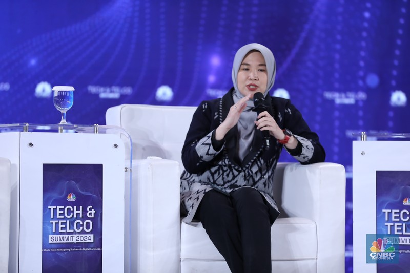Menteri Komunikasi & Informatika RI Budi Arie Setiadi menjadi pembicara kunci di acara Tech & Telco Summit 2024 di Auditorium Menara Bank Mega, Jakarta, Selasa 5/3. (CNBC Indonesia/Tri Susilo)