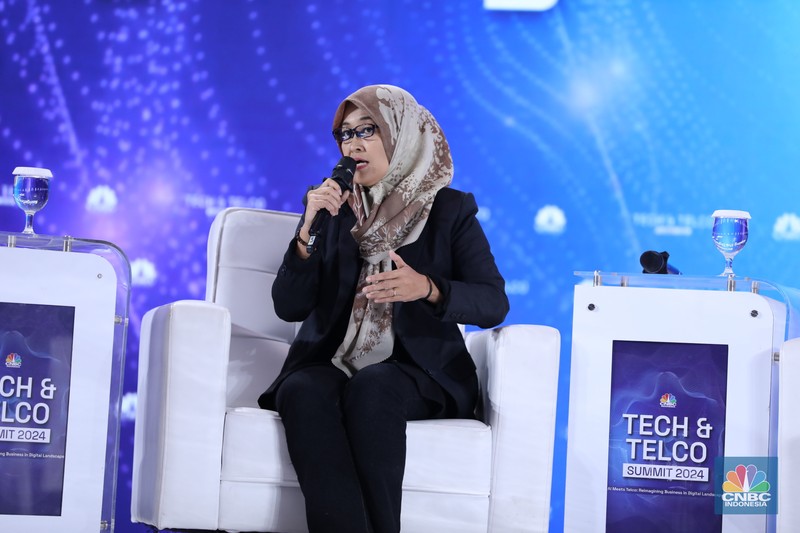 Tech & Telco Summit 2024 Menteri Komunikasi & Informatika RI Budi Arie Setiadi menjadi pembicara kunci di acara Tech & Telco Summit 2024 di Auditorium Menara Bank Mega, Jakarta, Selasa 5/3. (CNBC Indonesia/Tri Susilo)