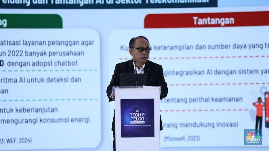 Menteri Komunikasi & Informatika RI Budi Arie Setiadi menjadi pembicara kunci di acara Tech & Telco Summit 2024 di Auditorium Menara Bank Mega, Jakarta, Selasa 5/3. (CNBC Indonesia/Tri Susilo)
