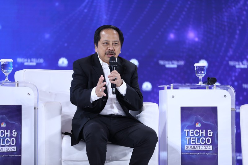 Tech & Telco Summit 2024 Menteri Komunikasi & Informatika RI Budi Arie Setiadi menjadi pembicara kunci di acara Tech & Telco Summit 2024 di Auditorium Menara Bank Mega, Jakarta, Selasa 5/3. (CNBC Indonesia/Tri Susilo)