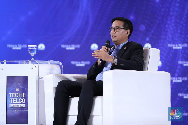 Tech & Telco Summit 2024 Menteri Komunikasi & Informatika RI Budi Arie Setiadi menjadi pembicara kunci di acara Tech & Telco Summit 2024 di Auditorium Menara Bank Mega, Jakarta, Selasa 5/3. (CNBC Indonesia/Tri Susilo)