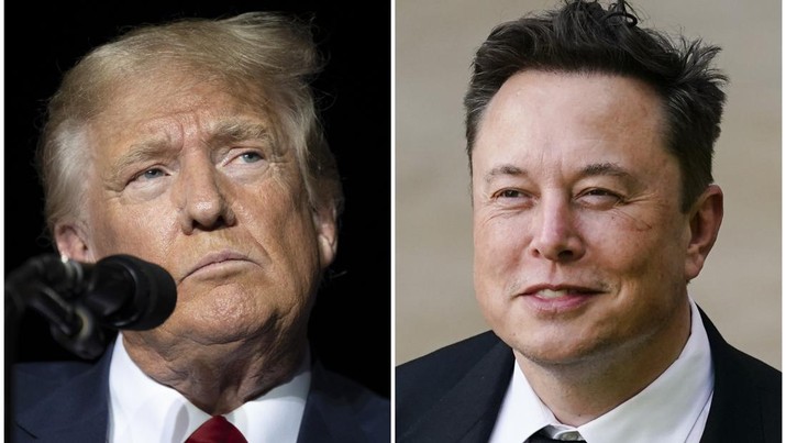 FILE - This combination of photos shows former President Donald Trump during rally at the Minden Tahoe Airport in Minden, Nev., Oct. 8, 2022, left, and Elon Musk in Wilmington, Del., July 12, 2021. Trump and Musk share a reputation as disrupters. Now, they're grappling with tribulations that may be unlike anything thrown at them before. (AP Photo, File)