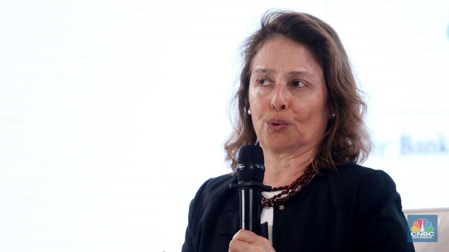 Afiliasi Penelitian Universitas Harvard, Beatriz Armendariz memberi pemaparan di acara BRI Microfinance Outlook 2024, Jakarta, 7/4. (CNBC Indonesia/Tri Susilo)