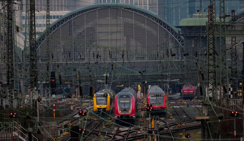 GERMANY-TRAINS/STRIKE Trains operate outside the central train station as Germany?s GDL train drivers? union begins a 35 hour long strike over a wage dispute with Deutsche Bahn rail operator after rejecting a new tariff offer in Frankfurt, Germany, March 6, 2024. REUTERS/Kai Pfaffenbach