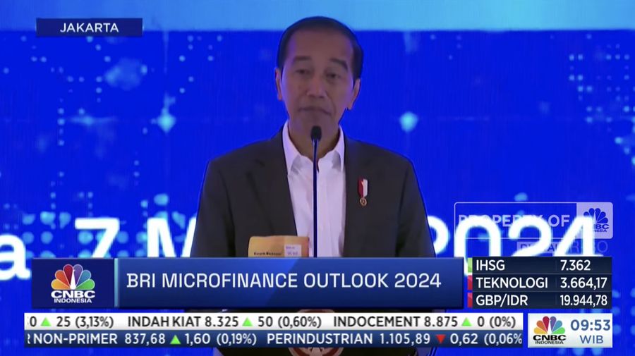 Presiden RI Joko Widodo memberi sambutan di acara BRI Microfinance Outlook 2024, Jakarta, 7/4.