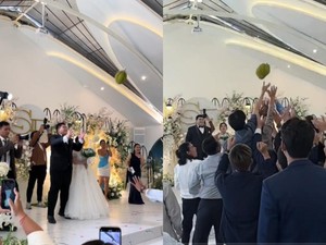 Anti Mainstream! Bukan Buket Bunga, Pengantin Ini Lempar Durian ke Tamu