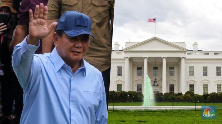 Foto kolase Prabowo Subianto dan Gedung Putih AS. (CNBC Indonesia Faisal Rahman & AP/Pablo Martinez Monsivais)