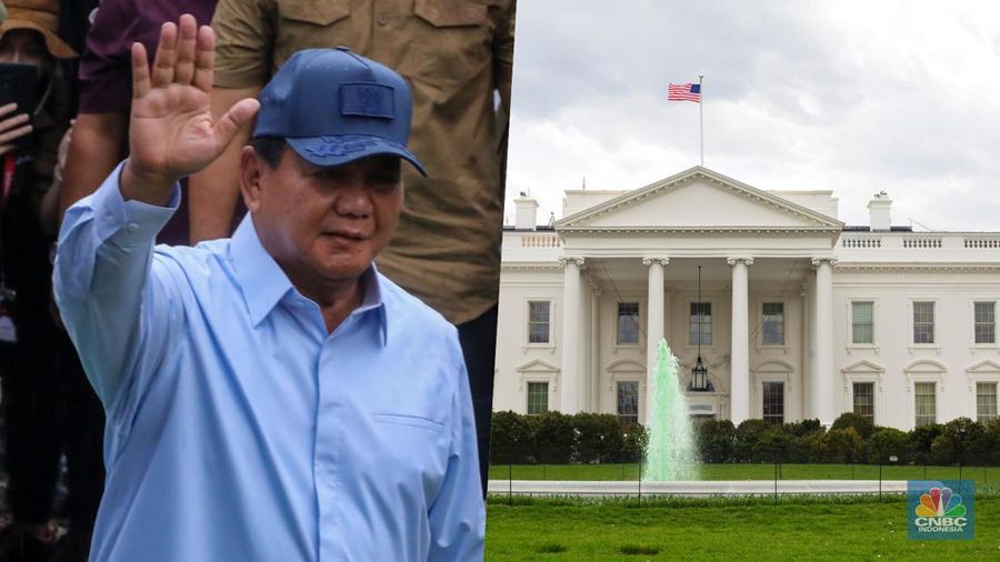 Foto kolase Prabowo Subianto dan Gedung Putih AS. (²©²ÊÍøÕ¾ Faisal Rahman & AP/Pablo Martinez Monsivais)