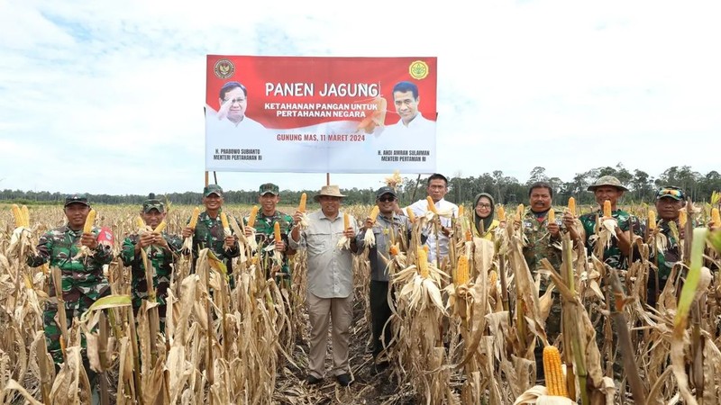 Asisten Khusus Menhan Bidang Ketahanan Pangan, Letjen TNI (Purn) Ida Bagus Purwalaksana, mewakili Menteri Pertahanan Prabowo Subianto, menghadiri panen raya jagung di lahan food estate Desa Tewai Baru, Kecamatan Sepang, Kabupaten Gunung Mas, Kalimantan Tengah, Senin (11/3/2024), hasil kerja sama Kementerian Pertahanan dengan Kementerian Pertanian. Asisten Khusus Menhan Bidang Ketahanan Pangan, Letjen TNI (Purn) Ida Bagus Purwalaksana, mewakili Menteri Pertahanan Prabowo Subianto, menghadiri panen raya jagung di lahan food estate Desa Tewai Baru, Kecamatan Sepang, Kabupaten Gunung Mas, Kalimantan Tengah, Senin (11/3/2024), hasil kerja sama Kementerian Pertahanan dengan Kementerian Pertanian. (Instagram @kemhanri)