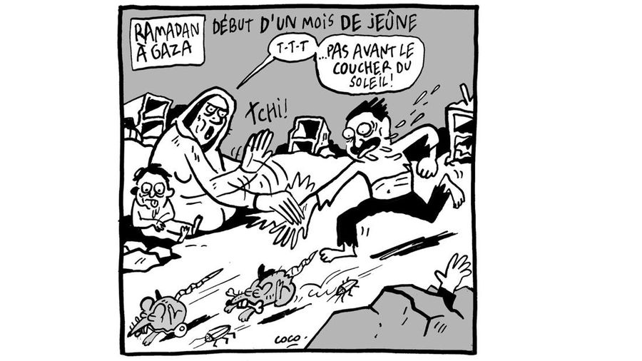 Kartun yang dirilis Liberation terkait warga Palestina saat Bulan Ramadan. (Media Sosial X @libe)