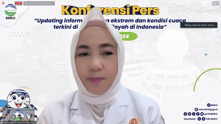 Kepala BMKG Dwikorita Karnawati menggelar jumpa pers virtual tentang cuaca ekstrem, Kamis (14/3/2024).