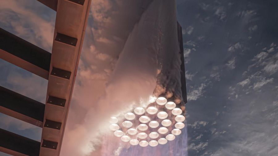 Pesawat raksasa Starship menghidupkan mesin Raptor di luar angkasa